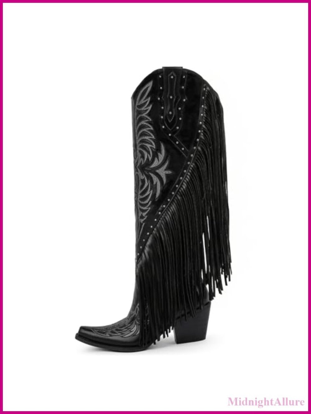 Fringe Cowgirl Boots Embroidered Studded Pointed Toe Chunky Heel Western Knee - Picture 3 of 6